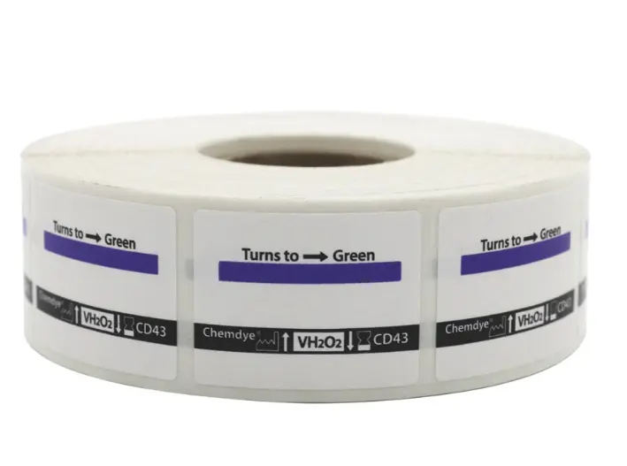 Indicador de etiquetas autoadhesivas para peróxido de hidrógeno. Presentación: Caja con 12 rollos (750 etiquetas por rollo)