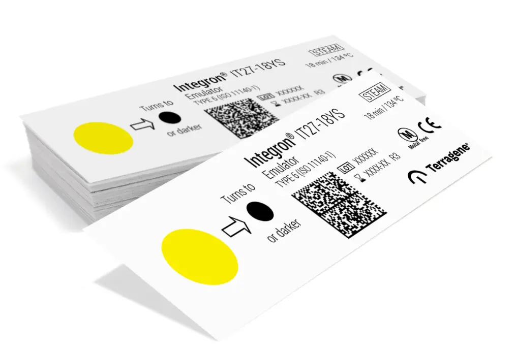 INDICADOR DE EMULADOR PARA VAPOR (18 MIN/134°C. TINTA AMARILLA). PRESENTACIÓN: PAQUETE CON 200 PIEZAS. MARCA TERRAGENE.