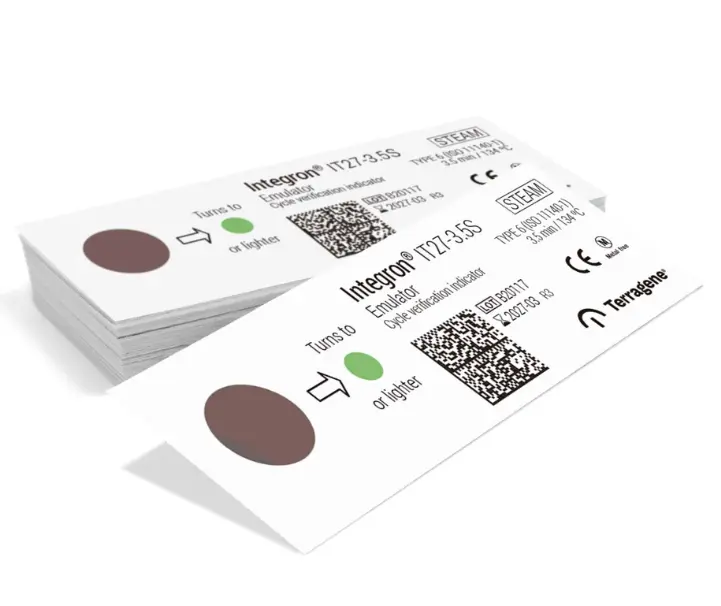 INDICADOR DE EMULADOR PARA VAPOR (3.5 MIN/134°C. TINTA MORADA). PRESENTACIÓN: PAQUETE CON 200 PIEZAS. MARCA TERRAGENE.