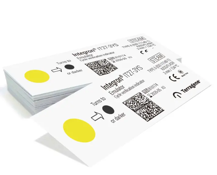 INDICADOR DE EMULADOR PARA VAPOR (3 MIN/134°C. TINTA AMARILLA). PRESENTACIÓN: PAQUETE CON 200 PIEZAS. MARCA TERRAGENE.