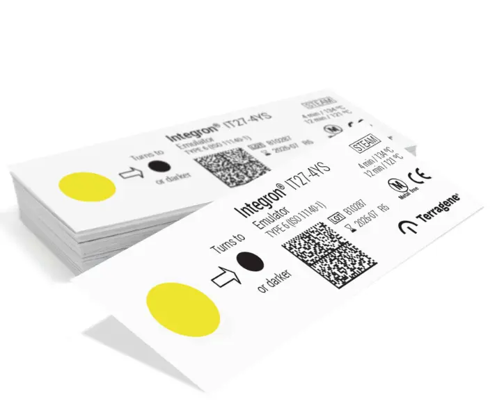 INDICADOR DE EMULADOR PARA VAPOR (4 MIN/134°C. TINTA AMARILLA). PRESENTACIÓN: PAQUETE CON 200 PIEZAS. MARCA TERRAGENE.