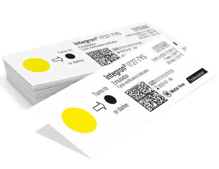 INDICADOR DE EMULADOR PARA VAPOR (7 MIN/134°C - 20 MIN/121°C. TINTA AMARILLA). MARCA TERRAGENE.