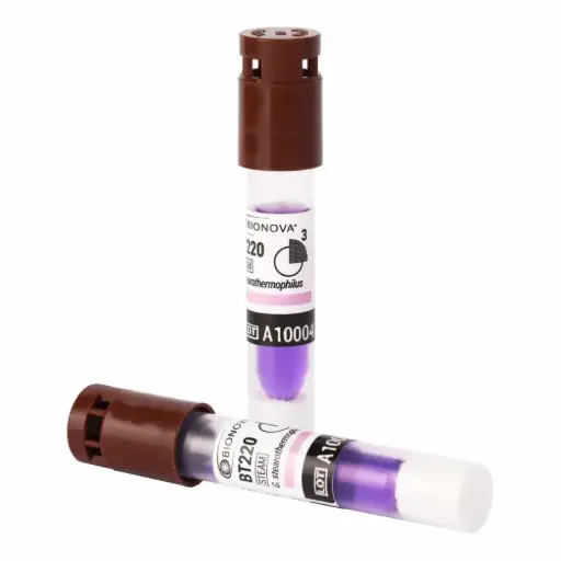 [BT220] Indicador biológico rápido autónomo para procesos de esterilización por vapor. Geobacillus stearothermophilus (ATCC® 7953) 10^6 esporas por vial. Lectura: 3 horas. Presentación: Caja con 50 pieza