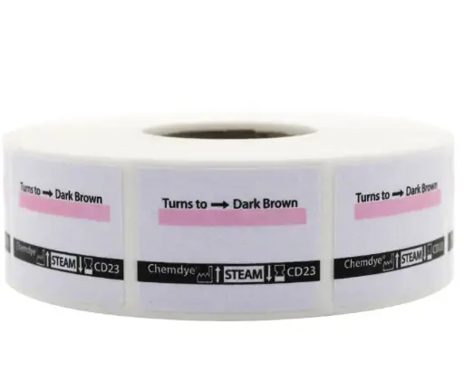 [CD23 CHEM] INDICADOR DE ETIQUETAS AUTOADHESIVAS PARA ETIQUETADORA AUTOMÁTICA PARA VAPOR. PRESENTACIÓN: CAJA CON 12 ROLLOS  (750 ETIQUETAS POR ROLLO)